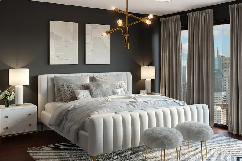 Elegant bedroom with walnut bed and warm lighting